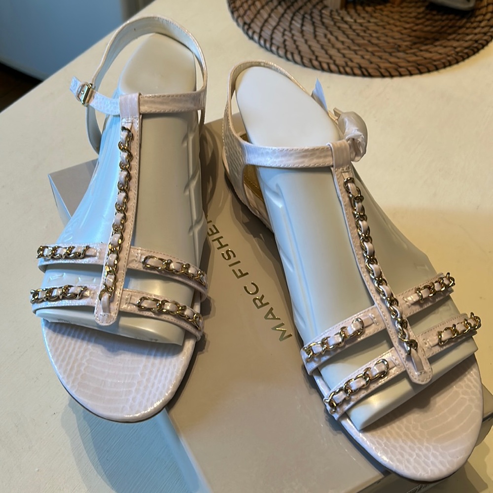 Marc Fisher White Snake Flat Sandals with Goldtone Chain